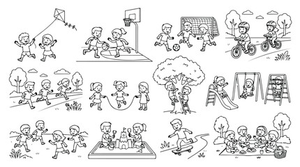 Hand drawn kids outdoor activities coloring page, children playing sports and games vector set, black and white line art of active childhood © usman