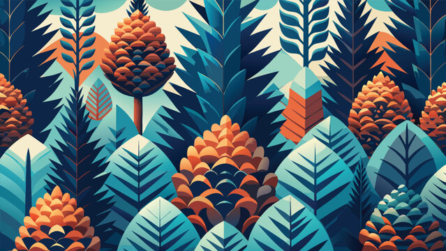 Abstract pine forest pattern with decorative cones coniferous abstract geometric botanical woodland decorative wallpaper background illustration vegetation evergreen wilderness stylized