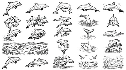 Hand drawn dolphin illustration set, black and white marine mammal sketches, 20 ocean animal vector icons for nautical coloring pages and sea life designs © usman