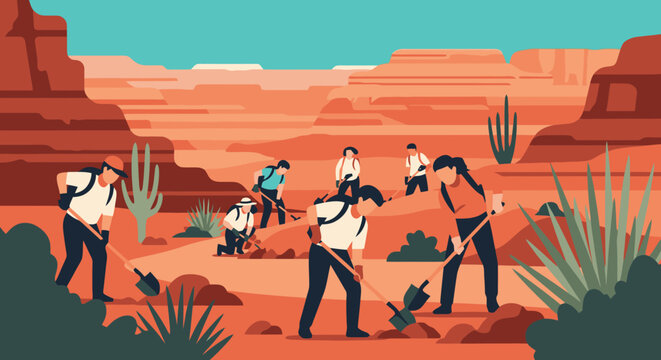 Archaeologists excavating ancient artifacts in a desert landscape.