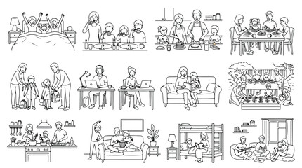 Obraz premium Minimalist line art family daily routine set, 12 vector illustrations of domestic life, black and white outline scenes of parents and children