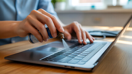 Fototapeta premium Person cleaning laptop keyboard with compressed air spray can on wooden desk in office