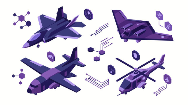 Futuristic isometric military aviation vector set with stealth jet, bomber drone, cargo plane, helicopter, and tech icons