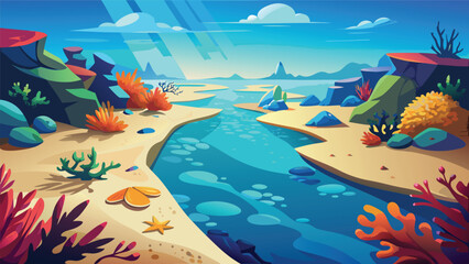 Underwater seascape with coral reef and sandy seabed underwater tropical landscape colorful environment sunlight vacation paradise illustration peaceful wilderness wildlife © icon sos