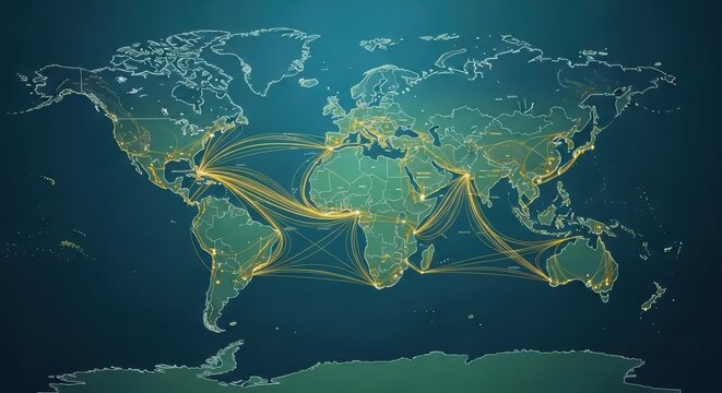 Global Network of Connections Across the World Map