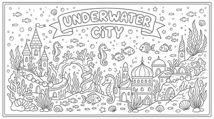 Underwater City: A whimsical bustling ecosystem of sea creatures and submerged architecture. © pixmastock
