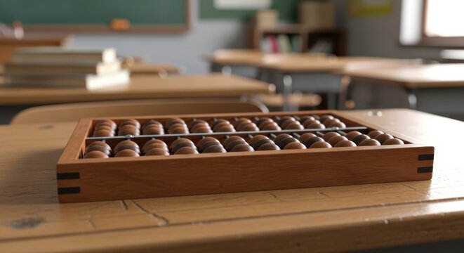 A wooden game Travel  board with brown with balls sits on a desk in Classroom table indoors