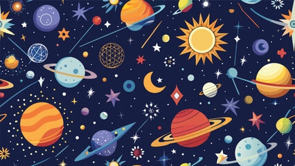Seamless pattern of planets and stars in deep space with science fiction universe astronomy seamless background exploration illustration wallpaper astrophysics celestial astronomical © icon sos