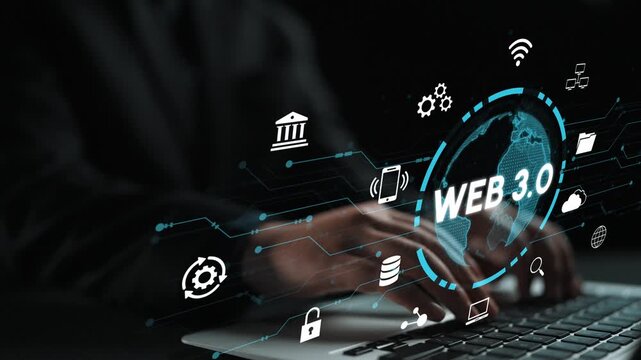 Hands typing on laptop with Web 3.0 concept illustration featuring digital icons, connectivity symbols, and technology elements for future internet applications. Entropy.