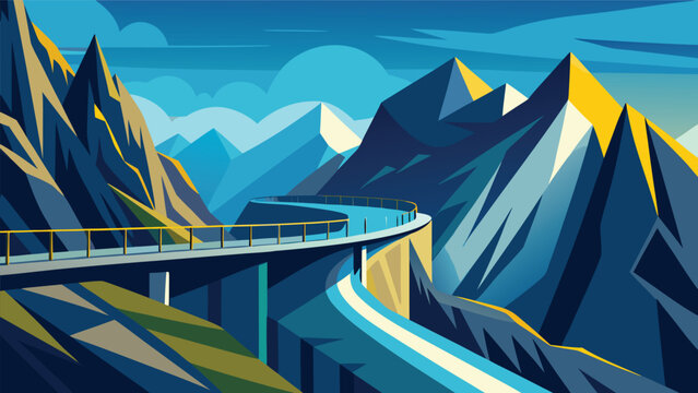 Minimalist digital illustration of a mountain pass road at twilight with mountain landscape twilight illustration adventure geometric wilderness highlands vacation transportation serpentine