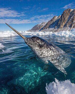 Majestic Narwhal with its iconic tusk emerges from the icy Arctic ocean waters, showcasing incredible wildlife in a stunning natural habitat.