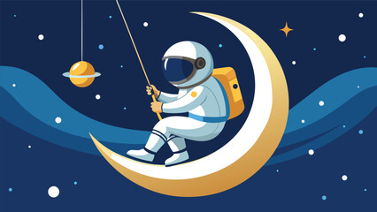 Astronaut sitting on crescent moon fishing in deep space with fishing pole night sky astronaut crescent exploration adventure universe astronomy illustration background wallpaper celestial © icon sos