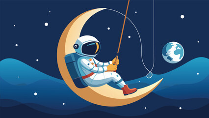 Astronaut fishing for planets while sitting on a crescent moon with fishing rod deep space night sky astronaut crescent universe exploration adventure astronomy illustration background © icon sos