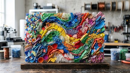 Fototapeta premium A colorful, abstract sculpture made from plastic waste, featuring waves and waves of colorful plastic pieces, with a background of a workshop with tools and materials.