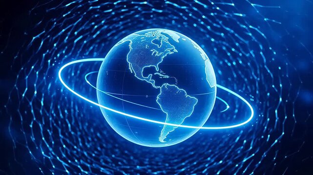 Blue glowing digital globe with rings