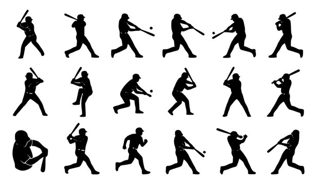 Baseball Batting Action Silhouette Collection Vector Art