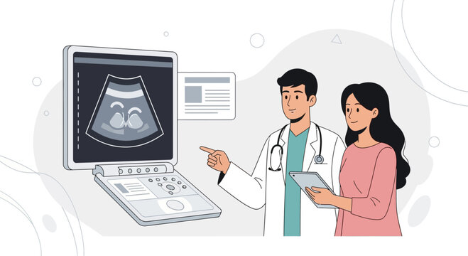 Doctor showing ultrasound image to expectant mother, modern vector illustration for medical and healthcare concepts.