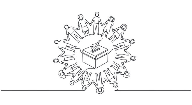 People holding hands around ballot box, democracy and voting concept, line art
