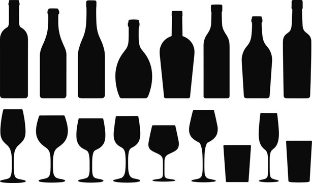 Wine bottle and glass silhouette vector icon set including various glasses isolated on white background