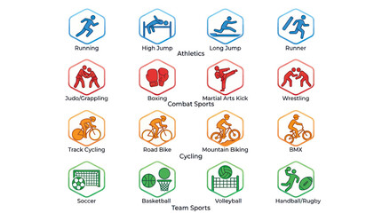 Naklejka premium Sports icon set featuring athletics combat cycling and team games