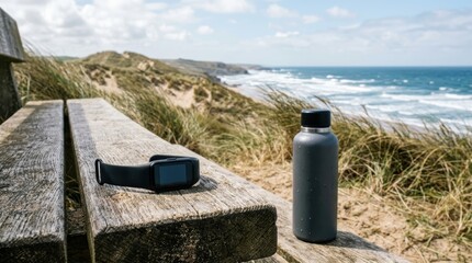 Naklejka premium Serene Beach Scene with Water Bottle and Bench on Sandy Shore.