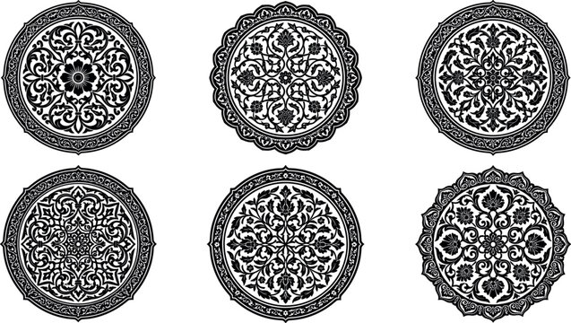 Islamic arabesque vector ornament collection featuring traditional oriental circular mandalas and ethnic floral geometric tile design elements