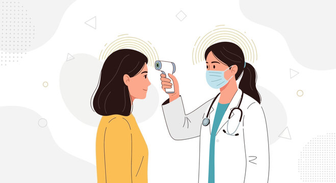 Doctor taking temperature of patient with non-contact infrared thermometer, healthcare screening, pandemic prevention