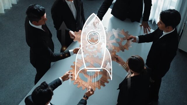 A diverse group of professionals collaborates around a table, integrating gears and a rocket symbol to represent innovative business strategies and growth potential. Raster
