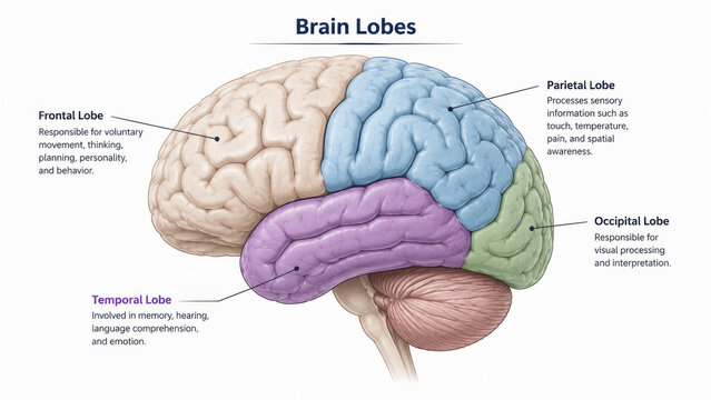 Brain lobe anatomy diagram cerebral cortex frontal, parietal, temporal, occipital, colorful medical illustration showing function label