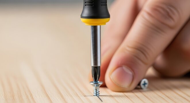 Action Involving  People  Person  Using Technology  A Tool  Screw  On A Wood  Wooden Surface