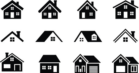 House icon vector set featuring black minimalist building silhouettes and roof designs on white b © Yesrath Hasan Sobuj