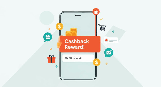 A smartphone displays a cashback reward notification surrounded by shopping icons and symbols on a mobile screen.