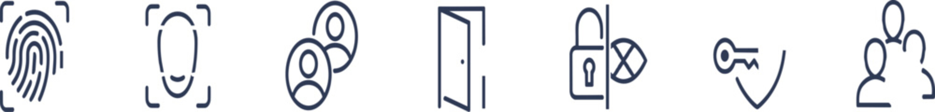 Biometric authentication and user access control line icon set with fingerprint facial recognition and security symbols