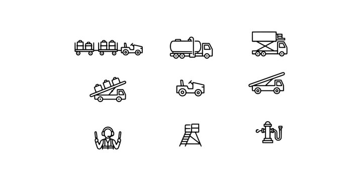 Icon set collection of airport ground handling equipment, baggage carts, fuel trucks, stairs, and service staff for aviation logistics.