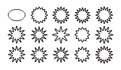 Obraz premium Collection of star burst shapes and sunburst radial elements in simple black pixel style.