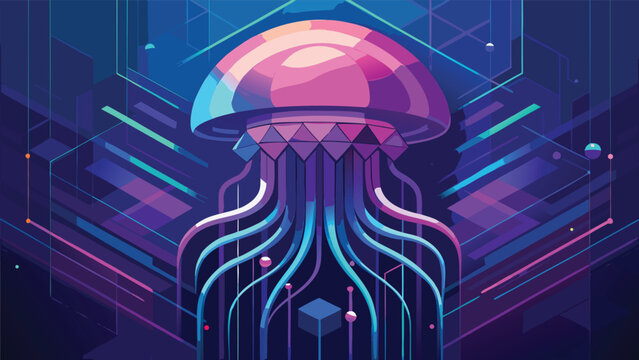 Abstract digital jellyfish creature in deep blue neon cyber space with jellyfish abstract technology futuristic bioluminescent cybernetic illustration electronic computer background creature