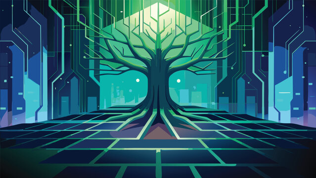 Digital glowing network tree on abstract technological circuitry background with technology connection abstract information computing development structure artificial intelligence environment
