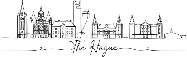 Fototapeta premium The Hague City Skyline One Line Drawing Netherlands Landmark Vector