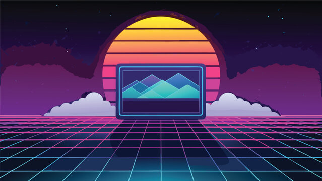 Retro synthwave landscape with mountain horizon and sunset grid synthwave retrowave vaporwave landscape mountains background electronic eighties nostalgia abstract geometric cyberpunk