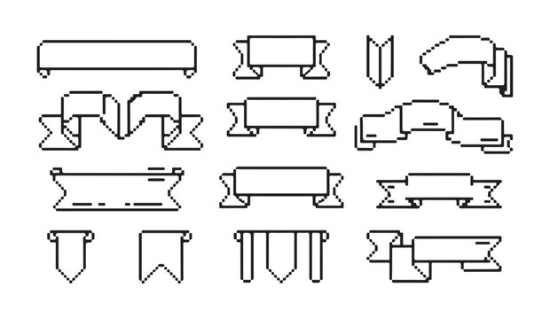 Set of pixel art ribbons and banners, retro game elements for design.