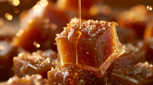 Sweet Caramel Cube with Honey Like Drizzle and Warm Golden Glow
