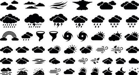 Fototapeta premium Comprehensive weather vector icon set featuring rain clouds lightning storm tornado sun moon snowflake and wind silhouettes