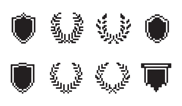 Set of pixel art heraldic shields and laurel wreaths isolated on a plain white background.