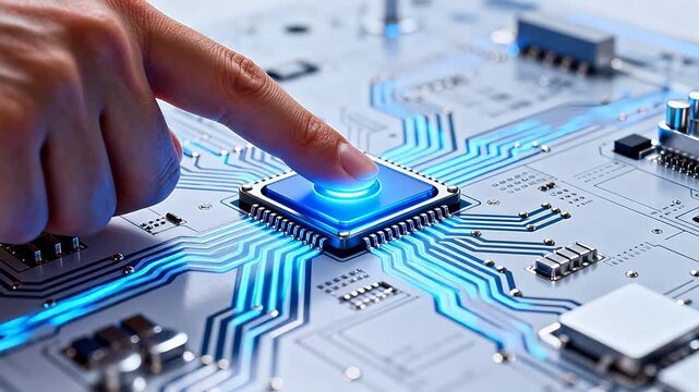 Hand pressing glowing button on circuit board
