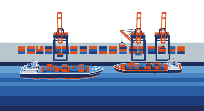 Container ships being loaded by cranes at a busy port terminal.