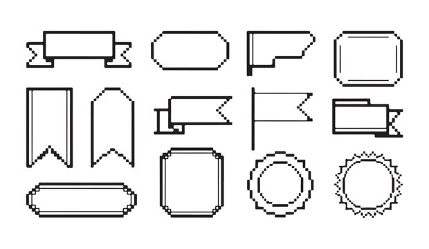 Retro gaming label set with pixelated ribbons and decorative border frames for digital media.
