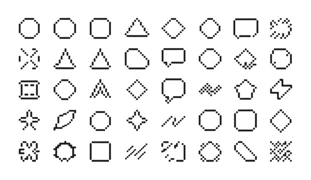Set of pixel art geometric shapes with dotted and solid outlines for design elements.