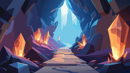 Fantasy cave pathway illuminated by glowing orange crystals with crystals underground adventure mystical illustration environment minerals interior shimmering formation dramatic atmosphere © icon sos