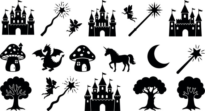 Fairytale magical fantasy vector silhouette collection with castle dragon unicorn fairy magic wand and mushroom house icons