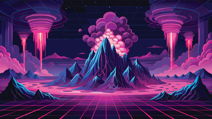 Abstract neon cyberpunk volcanic landscape in digital space with science fiction glowing lava sci fi neon light futuristic landscape abstract art glowing clouds fantasy art landscape mountain © icon sos